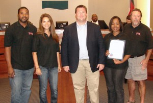 Accepting the proclamation were Clothe a Child officials (left to right) Ruben Desouza, Little Elm co-chair; Gina Gage, Clothe a Child Marketing Coordinator; Thomasina Desouza, Little Elm co-chair; and John Taylor, Clothe a Child Director