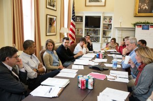 President Barack Obama meets with senior staff in Chief of Staff Denis McDonough's office in the West Wing of the White House, Sunday, Sept. 29, 2013. (Official White House Photo by Pete Souza)