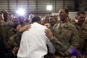 CAPITION: "A soldier hugs the President as he greeted U.S. troops at Bagram Air Field in Afghanistan." (Official White House Photo by Pete Souza May 2012)