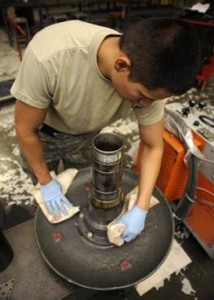  Senior Airman Abraham Olalde is seen in the photo below cleaning a propeller test stand during the final stages of breaking down the 379th Expeditionary Maintenance Squadron propeller centralized repair facility at the 379th Air Expeditionary Wing in Southwest Asia. In this rotation, the prop shop has repaired or refurbished 45 propellers and saved the Air Force more than $7 million in repair costs and thousands in estimated shipping costs. Olalde is a 379th EMXS propeller CRF aerospace propulsion journeyman deployed from Little Rock Air Force Base, Ark., and a Dallas native. 