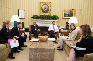 President Barack Obama and Vice President Joe Biden listen as they are updated on the federal government shutdown and the approaching debt ceiling deadline, in the Oval Office, Oct. 1, 2013. From left, Kathryn Ruemmler, Counsel to the President, Treasury Secretary Jack Lew, Sylvia Mathews Burwell, Director of OMB, and Alyssa Mastromonaco, Deputy Chief of Staff. (Official White House Photo by Pete Souza)