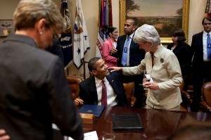 President Barack Obama greets Health and Human Services Secretary Kathleen Sebelius, during a meeting with governors in the Roosevelt Room of the White House, June 24, 2009. (Official White House Photo by Pete Souza)