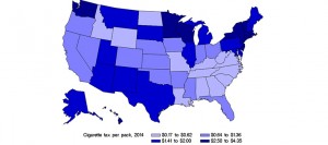 The map displays the range of state cigarette taxes from the lowest (lightest blue) to the highest (darkest blue). (Credit: Richard Grucza/WUSTL)