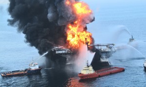 Tugboats battle the fire on the remains of the Deepwater Horizon offshore drilling platform on April 21, 2010. (Credit: Ideum - ideas + media/Flickr)