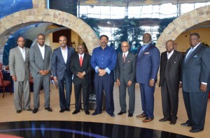 (From left to right) Pastor David Wilson, Pastor Bryan Carter, Dr. Frederick Haynes, Pastor Rickie Rush, Dr.Tony Evans, Dr. Zan Holmes, Bishop T.D. Jakes, Dr. Stephen Nash and Dr.Tommy Brown at the Freedom Sunday Clergy Luncheon on Oct. 20, 2014 in Dallas (Click on image to enlarge)