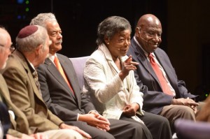 UCLA alumna Helen Singleton reminisces about her time as a Freedom Rider. With her on a panel at Royce Hall are fellow riders Rabbi Philip Posner, Robert Farrell and her husband Robert Singleton. Image: Todd Cheney/UCLA