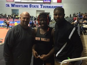  Class 5A State Wrestling Champion  Kymberlynn Johnson 215 lb weight class  North Dallas High School  (Pictured with Athletic Coordinator Brian Barnett (left) and Coach Cortney Billingsley (right) 