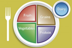 The federal government's MyPlate guidelines recommend that about half of the foods we eat should be fruits and vegetables, but critics point out that upwards of 60 percent of our farm subsidies go towards corn and other grains. Credit: U.S. Department of Agriculture.