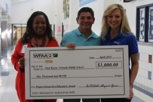 Teacher Paul Reyna of Shrade Middle School won the Project Green Eco-Educator award for the 6th-8th grade category! News 8's Colleen Coyle stopped by to surprise him.  photo source: GISD