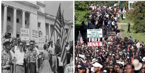 left: A rally against school integration in 1959. right: March to free Jena 6 in 2007 photo souce: simple.wikipedia.org/flickr.com-Athena LeTrella