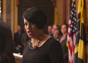 Mayor Stephanie Rawlings-Blake of Baltimore, Md., speaks to a staffer during a swearing in ceremony earlier this year. (Courtesy Photo/Office of the Mayor)