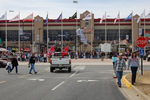 NASCAR fan at Atlanta Motor Speedway waves confederate flag from truck. This week the racing tracks have asked fans to leave their flags at home. (Image: Duane Tate via Flickr)