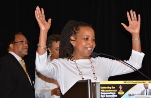 New NNPA Chair Denise Rolark Barnes responds to audience after the June 19 election. Standing behind her is NNPA President/CEO Ben Chavis. PHOTO: Roy Lewis/Trice Edney News wire 