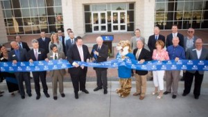 Front row, left to right: Denise Voss, representing Texas State Senator Van Taylor; Keith Self, Collin County Judge; Brian Loughmiller, McKinney Mayor; Adrian Rodriquez, Collin College Trustee; Dr. Neil Matkin, Collin College District President; Dr. Bob Collins, Chair and Founding Trustee of Collin College Board of Trustees; Collin Cougar; and Collin College Trustees Mac Hendricks, Jenny McCall, Larry Wainwright and Andy Hardin. Back row, left to right: Jorge Serrano, PBK Architects; Chris Leija, PBK Architects; Lisa Hermes, President of McKinney Chamber of Commerce; Fred Montes, Collin College Foundation Board; Matt Ford, Encore Wire and Collin College Foundation Board; Matt Foster, AT&T and Collin College Foundation Board; Charles Branch, McKinney City Council; Shep Stahel, Collin College Foundation Board and retired from IBM; Ben Pogue, Pogue Construction; and Milton Buschbom, Collin College Foundation Board and retired from Texas Instruments  Photo by Nick Young, Collin College Photographer 