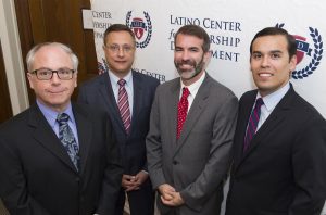 SMU’s John G. Tower Center for Political Studies and the Dallas-based Latino Center for Leadership Development (Latino CLD) announced a strategic new academic policy institute at SMU Sept. 15, the first day of National Hispanic Heritage Month. Speakers at the kickoff event were, from left, Thomas DiPiero, dean of SMU’s Dedman College of Humanities and Sciences; Jorge Baldor, Latino CLD founder and SMU alumnus (’93); Joshua Rovner, acting director of SMU’s Tower Center; and Miguel Solis, Latino CLD. images: Hillsman S. Jackson / SMU