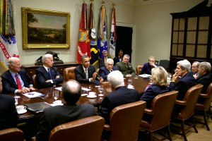 President Barack Obama attends a treaty meeting hosted by Vice President Joe Biden in the Roosevelt Room of the White House. (Official White House Photo by Pete Souzal