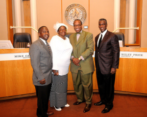 Dallas County Commissioner John Wiley Price presented the Ryan White Planning Council a resolution in Dallas County Commissioners Court. Left to right: Lionel Hillard, Ryan White Planning Council chair; Helen Turner Goldenberg, Ryan White Planning Council vice chair; Dallas County Commissioner John Wiley Price; Zachary Thompson, Dallas County Health and Human Services director. Photo by Wallace Faggett.
