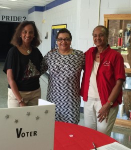 (L to R)  Brenda Raney, Carla Collier and Delores Wilson are Delta Sigma Theta Sorority ladies who worked a Voter Registration table at the North Dallas Panhellenic Council’s Back-to-School Drive at Dan Long Middle School in the Carrollton-Farmers Branch I.S.D.