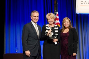 2015 ATHENA Award winner Maribess Miller (center) with Dora Ramirez, Vice President - Community Development Manager, Wells Fargo, and Dale Petroskey, President and CEO of the Dallas Regional Chamber.