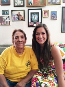 •Santos' mother, Bessie Rodriguez, visits with SMU student Karly Zrake, the University's first human rights major to work on behalf of Santos thanks to an endowed scholarship created by Dallas' Latino Center for Leadership Development. (Courtesy SMU) 