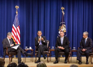 President Barack Obama speaks to guests at The White House Panel Discussion on Criminal Justice Reform. Here is joined by Moderator Bill Keller (left), Editor-in-Chief of The Marshall Project, Charlie Beck (right), Chief, Los Angeles Police Department, and John Walsh (far right), United States Attorney, District of Colorado. The focus of the discussion was how to make America’s law enforcement and correctional practices more just and effective. (Cheriss May/HUNS) 