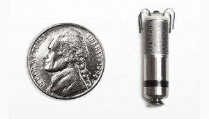 The device weighs less than a small coin and is only a little longer than a US nickel. (Credit: Medtronic)
