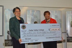 Recently, U.S. Rep. Eddie Bernice Johnson, D-Dallas, presented Dr. Jennifer Wimbish, president of Cedar Valley College, with a check from the U.S. Department of Education at a press conference announcing the award at Cedar Valley College.