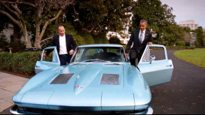  President Obama and Jerry Seinfeld drove a classic 1963 Corvette Stingray around the White House grounds for the comedian's online show. Screengrab from 'Comedians In Cars Getting Coffee' by NPR 
