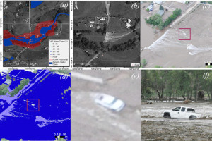 Images A and B are satellite images of a flooded road in Colorado after the 2013 floods. C was taken by Civil Air Patrol and shows the same submerged road, identifying with a square a stranded truck. D is the image C after it has been classified for water pixels. E is a close-up of C, showing the stranded truck. F is the same truck in a Flickr post. (Credit: Guido Cervone/Penn State