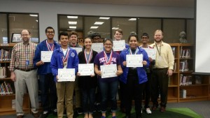 The Nimitz High School Academic Decathlon team qualified for state for the 29th consecutive year. Pictured are (back row from left) Coach Greg Jackson, Carlos Estevis, Ryan Shelton, Aaron Mathai, Seireadan Zipper, Geoff Thomas, Coach Greg Thomson, (front row from left) Ramon Reyes, Brianna Rios, Melissa Hernandez and Lilian Garcia.