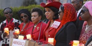 Rep. Frederica Wilson (D-Fla.) (left) speaks during a candlelight vigil for the missing Chibok school girls in front of the State Department in Washington, D.C. on April 20, 2016. (Freddie Allen/AMG/NNPA News Wire)