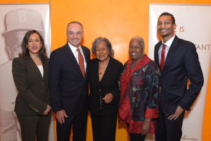 (l to r) Della Britton Baeza, JRF President and CEO, Robert D. Manfred Jr., Commissioner of Baseball, Rachel Robinson, Sharon Robinson, and Thomas Bennett, JRF Scholar Alumnus