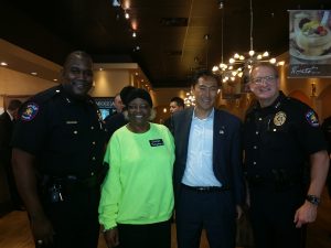 Picture of the Week (L to R):  Ass’t Police Chief Derick Miller, Carrollton, Sister Tarpley, Young Sung and Police Chief Rex Redden at a “Coffee with Cops.”