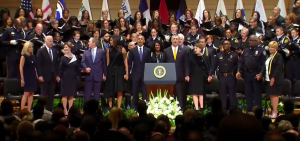 Presidents Obama & Bush, along with their wives and others attend the Dallas memorial service