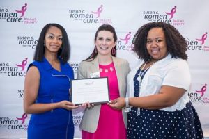 Charla Gauthier (left) and Maiya Bangurah (right) from Methodist Health System Foundation with Nicole Metcalf, executive director of Susan G. Komen® Dallas County, at the 2016 Dallas Race for the Cure® Kick-Off Party