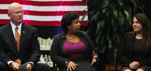 U.S. Attorney General Loretta Lynch opens the discussion at Sunset High School on community policing. Photo Courtesy: Dallas ISD