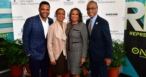 Howard University honored Cathy Hughes, founder and chairperson of Radio One, Inc., with the unveiling of the Cathy Hughes School of Communications Sunday. Pictured L-R: Actor Anthony Anderson, Congresswoman Eleanor Holmes Norton, Hughes, and Activist Rev. Al Sharpton.