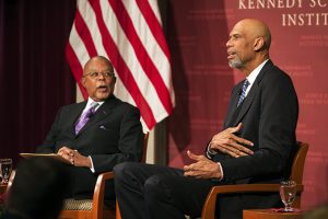 Former basketball star and author Kareem Abdul-Jabbar speaks with Henry Louis Gates, Director of the Hutchins Center for African and African American Research at Harvard University and Alphonse Fletcher, Jr. University Professor, at a discussion held in the John F. Kennedy Jr. Forum Oct. 16. Photo by Sarah Silbiger